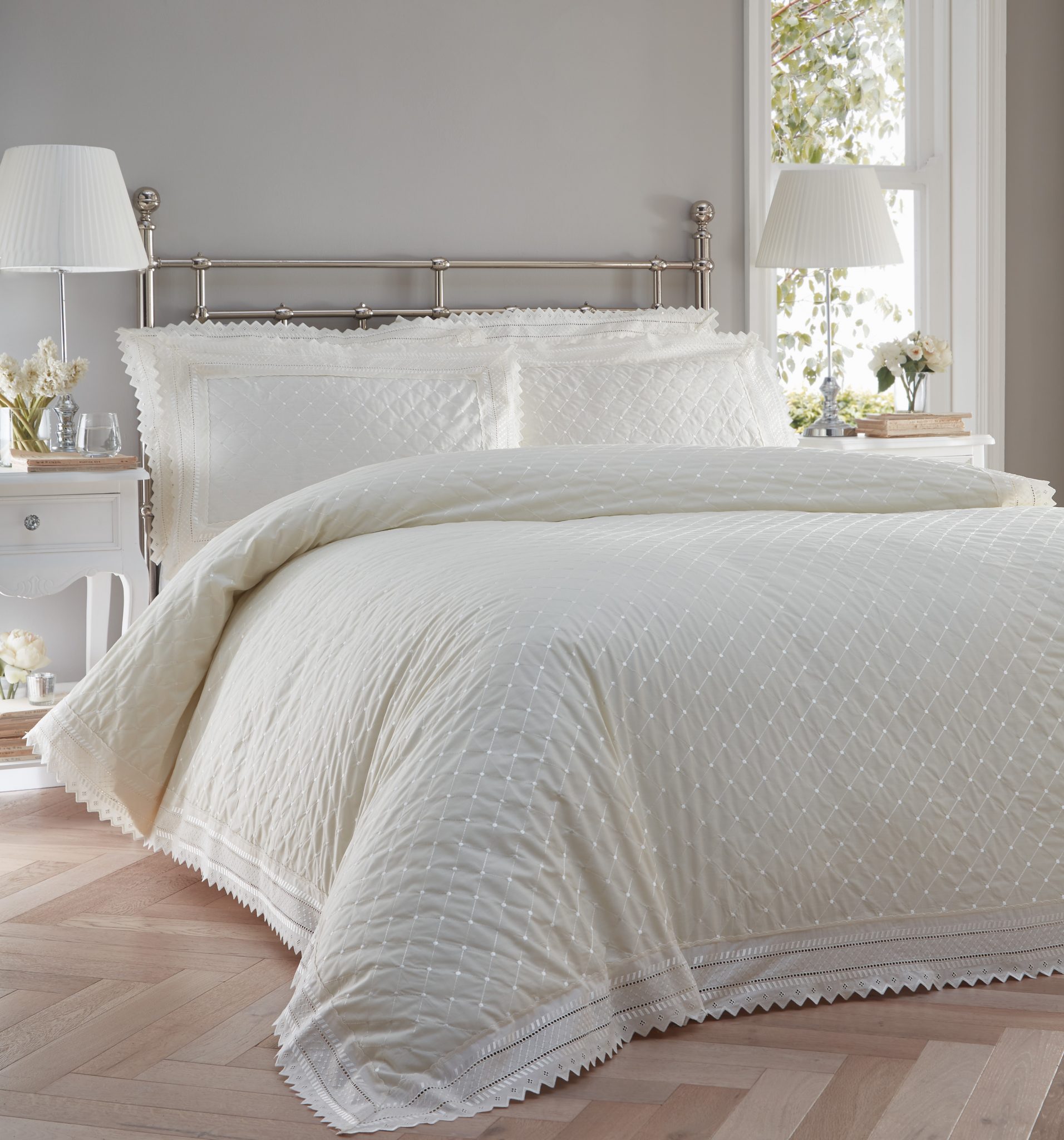 Broderie Anglaise Bedding Cream in Percale & Embroidered by Balmoral
