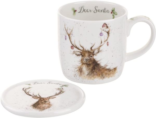 wrendale christmas deer santa mug & coaster set