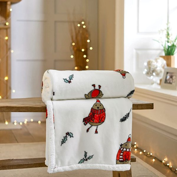 Christmas Robin Fleece Throw with Sherpa Reverse by Deyongs - White