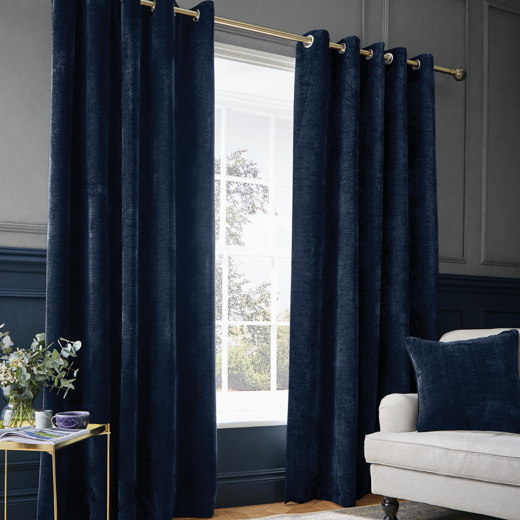 SELENE LUXURY CHENILLE WEIGHTED CURTAINS DEEP NAVY IMAGE 1 (cus)