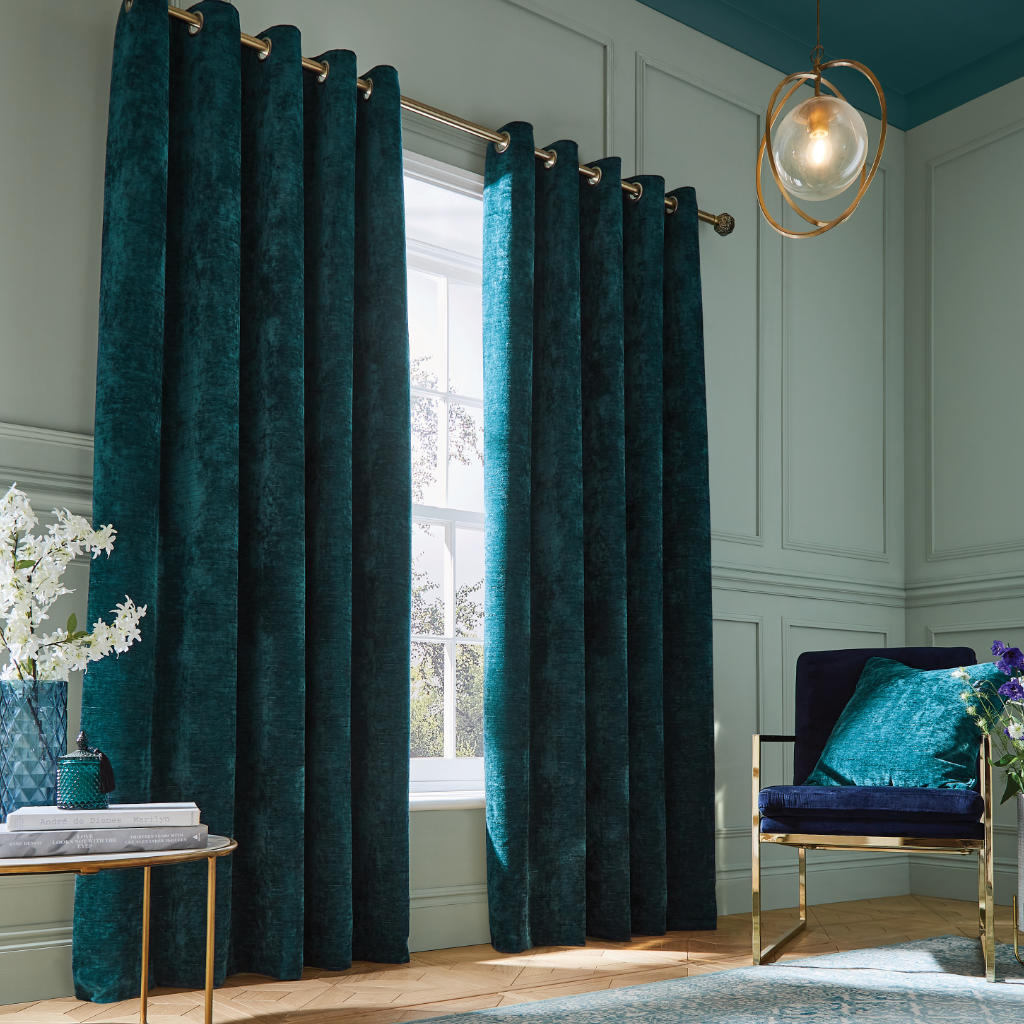 SELENE LUXURY CHENILLE WEIGHTED CURTAINS RICH TEAL IMAGE 1 (Cus)