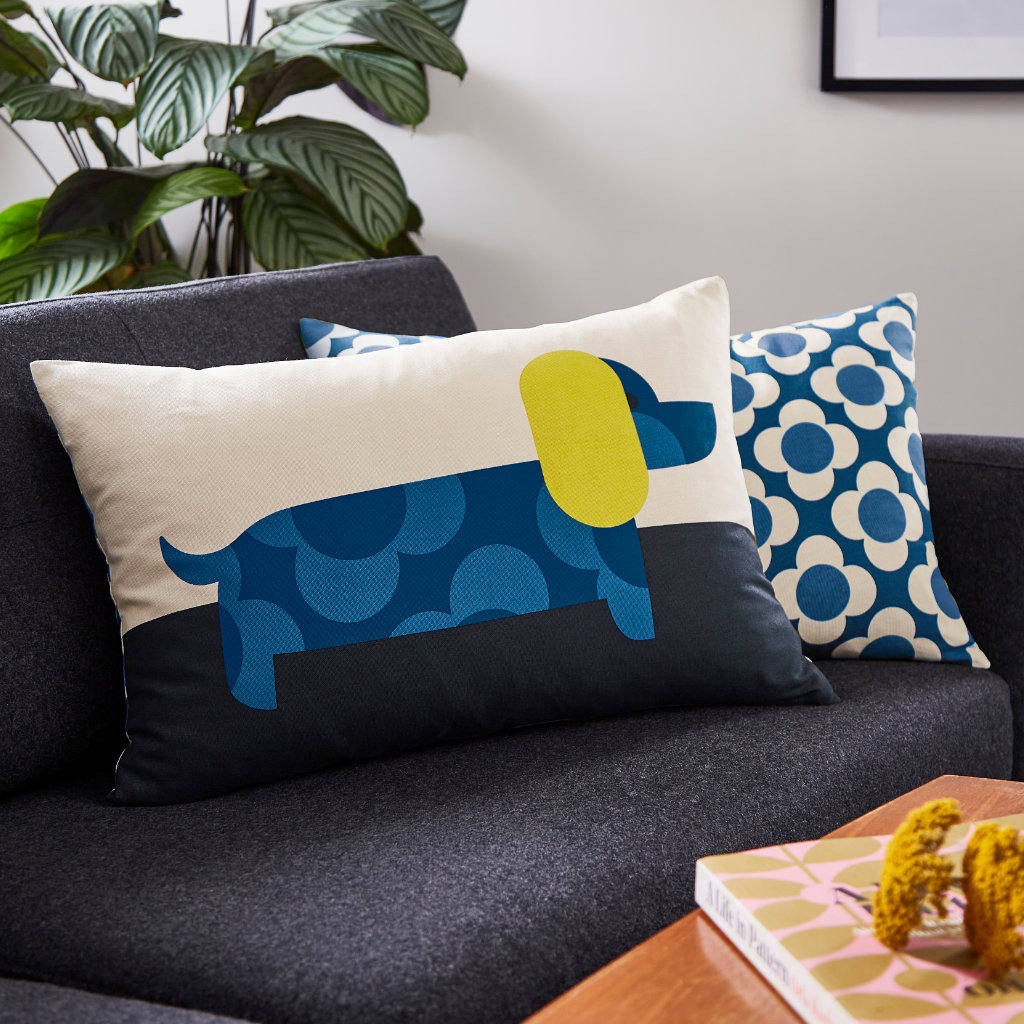Orla Kiely Dachshund Blue Cushion Lifestyle