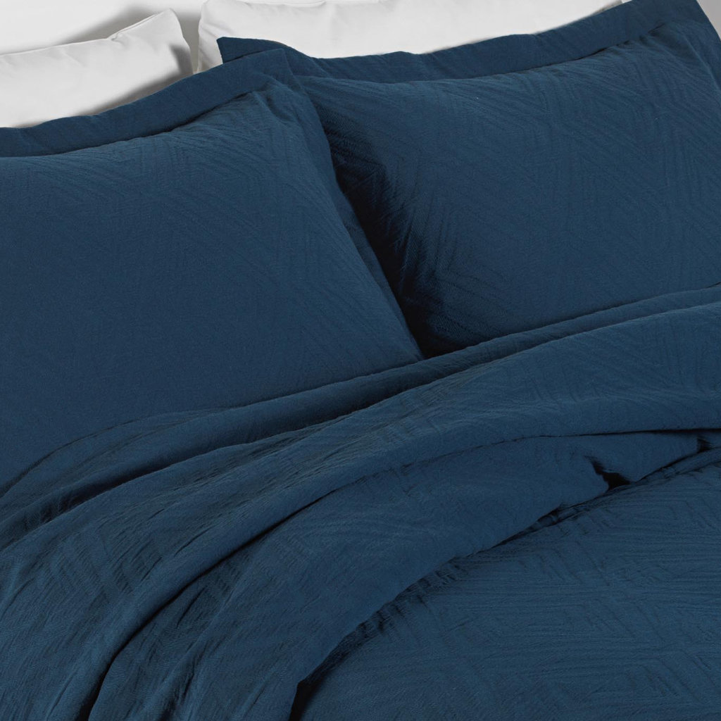 100% Cotton Vintage Look Diamond Pattern Bedspread Navy Blue 220cm x 270cm