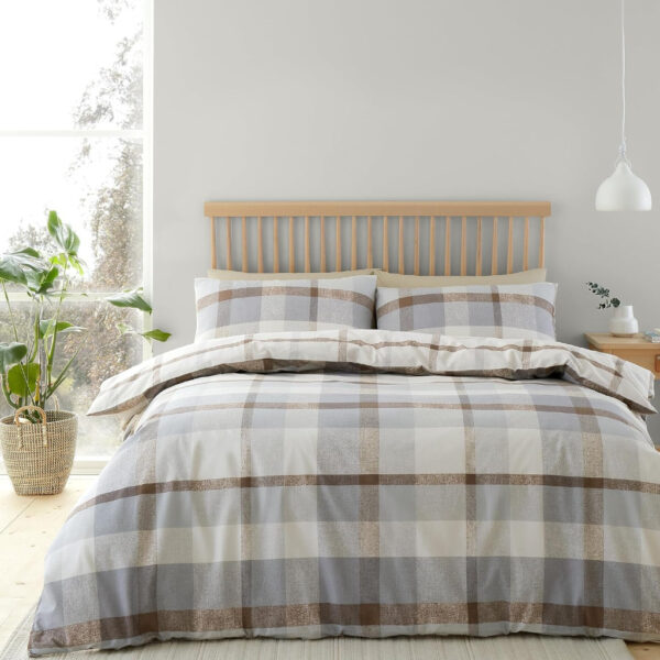brushed check natural duvet cover set catherine lansfield