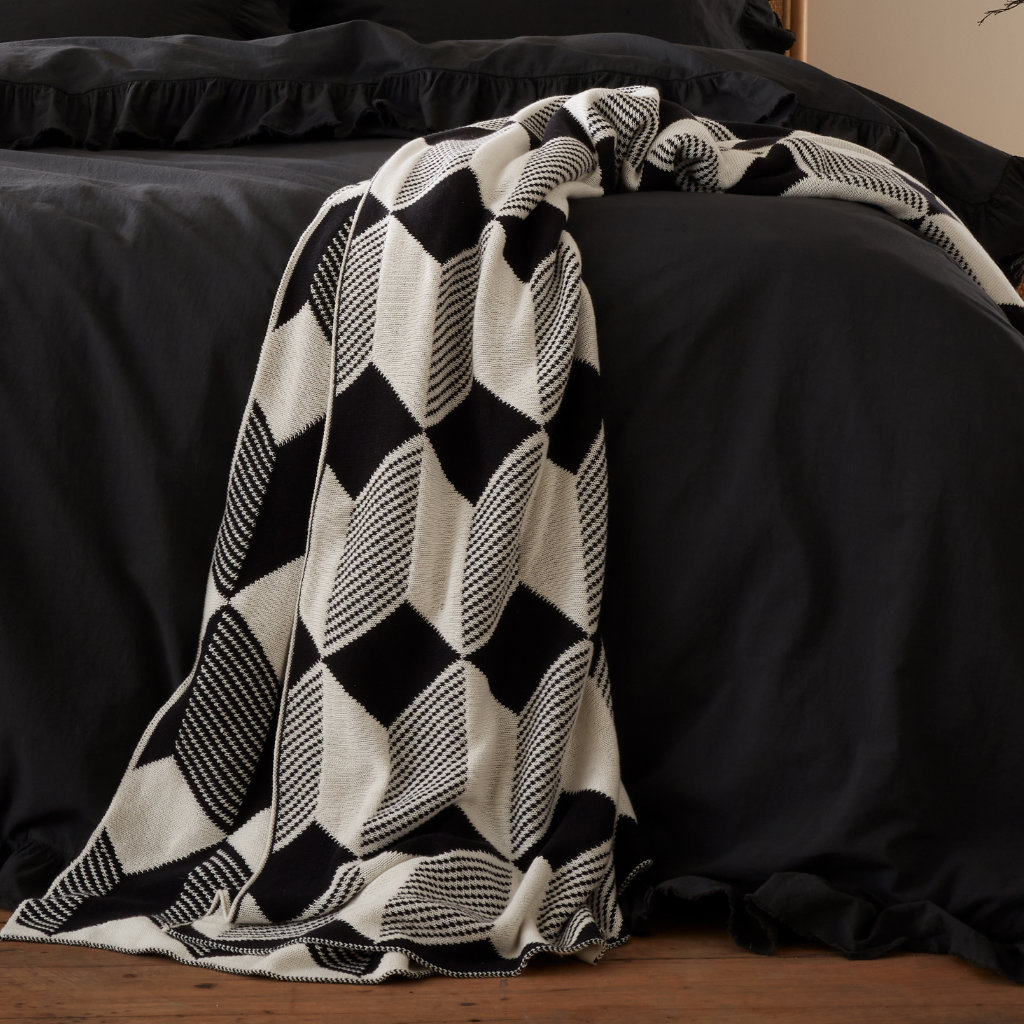 Knitted Cube Bedspread Throw Black & White 150cm x 220cm Style Sisters Detail