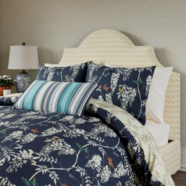 Sanderson Wisteria Butterfly Midnight Blue duvet cover set close up