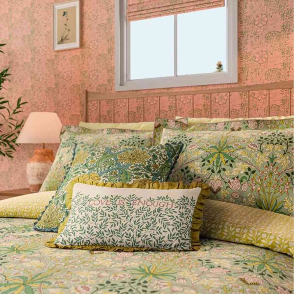 Morris & Co Hyacinth Sage and Citrus duvet cover set Close up Image showing Windrush cushion