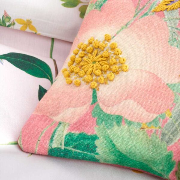 RHS Cottage Meadow Pink Cushion Showing Embroidery