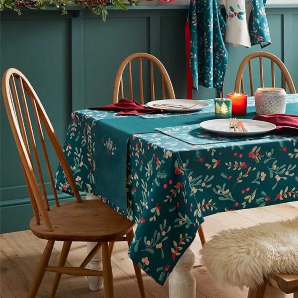 Lansfield Christmas Holly And Mistletoe Table Cloth Setting Main Image