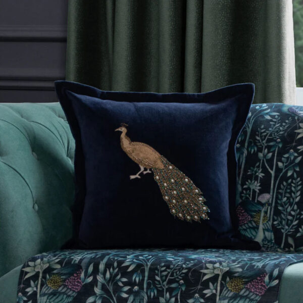 Mayura Embroidered Peacock Cushion Midnight Blue