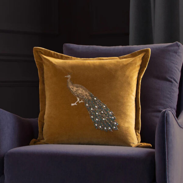 Mayura Embroidered Peacock Cushion Mustard