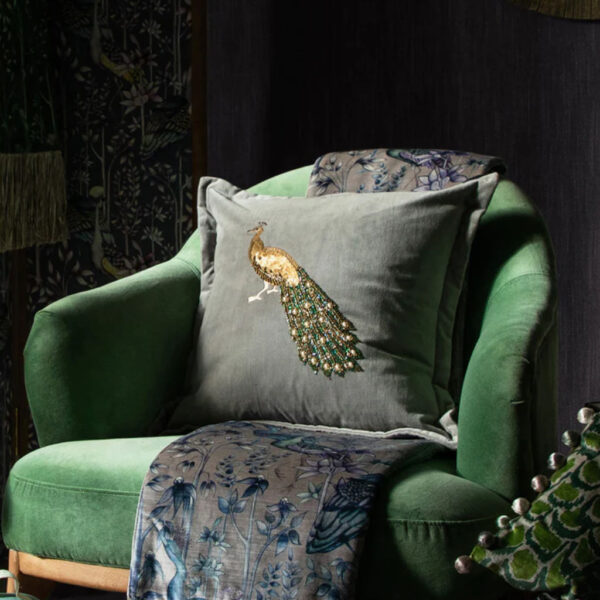 Mayura Embroidered Peacock Cushion Steel Grey