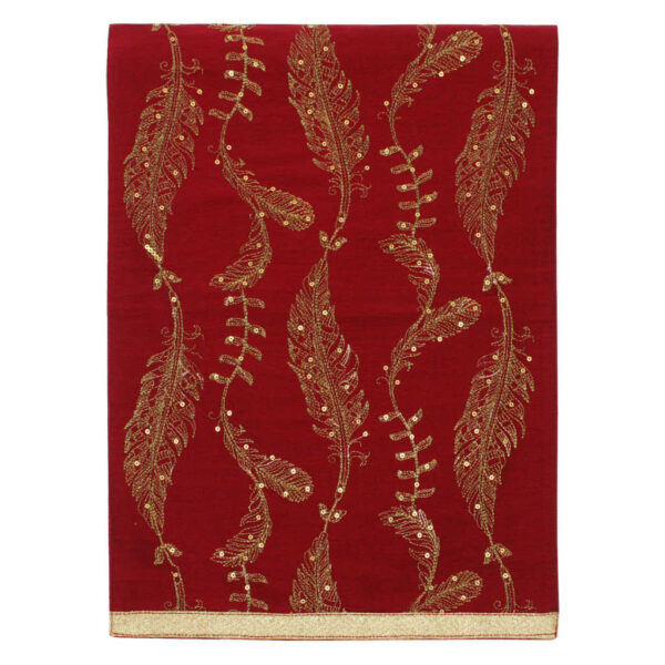 Walton & Co Embroidered Feathers Red and Gold Runner Close Up Image