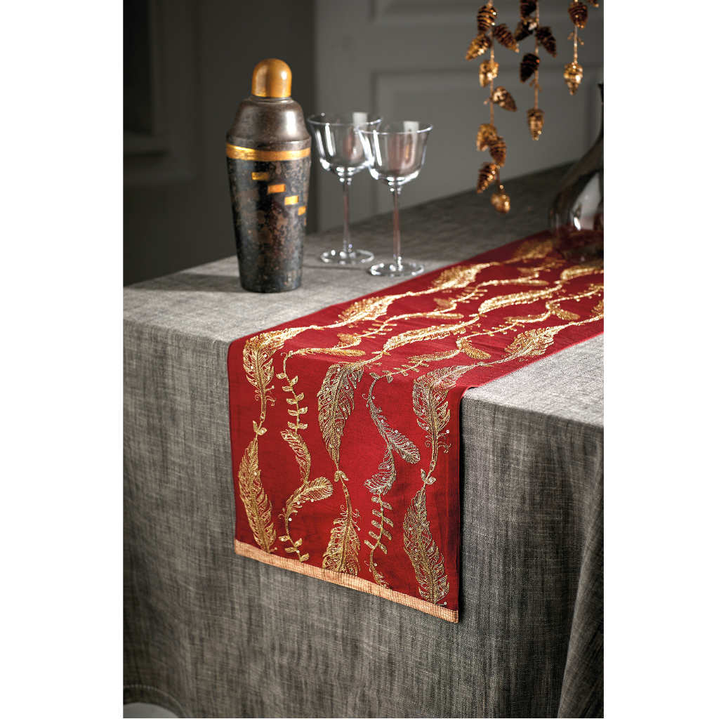 Walton & Co Embroidered Feathers Red and Gold Runner