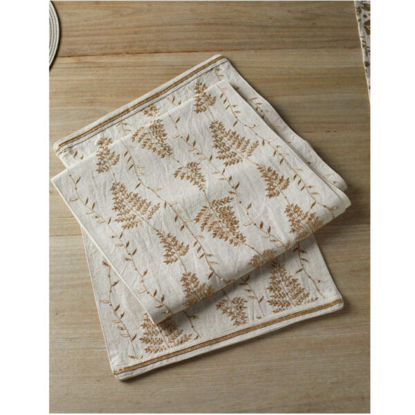 Walton & Co Embroidered Winter Fern Natural and Gold Runner Close Up