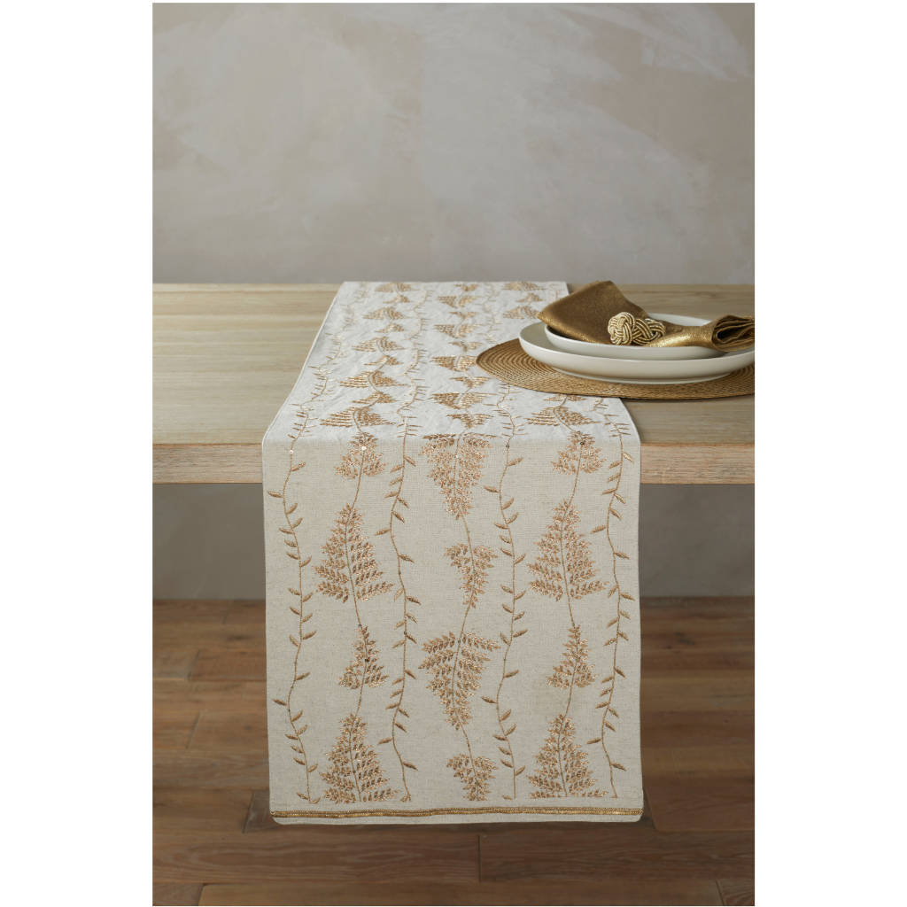 Walton & Co Embroidered Winter Fern Natural and Gold Runner