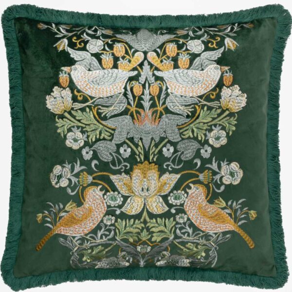 Morris & Co Strawberry Thief Forest Green Embroidered Cushion Main Image