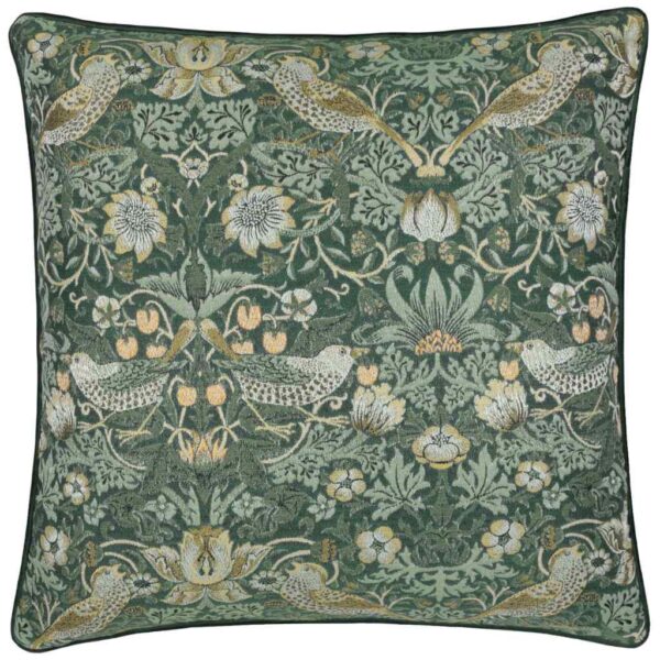 Morris & Co Strawberry Thief Forest Green Piped Jacquard Cushion Main Image