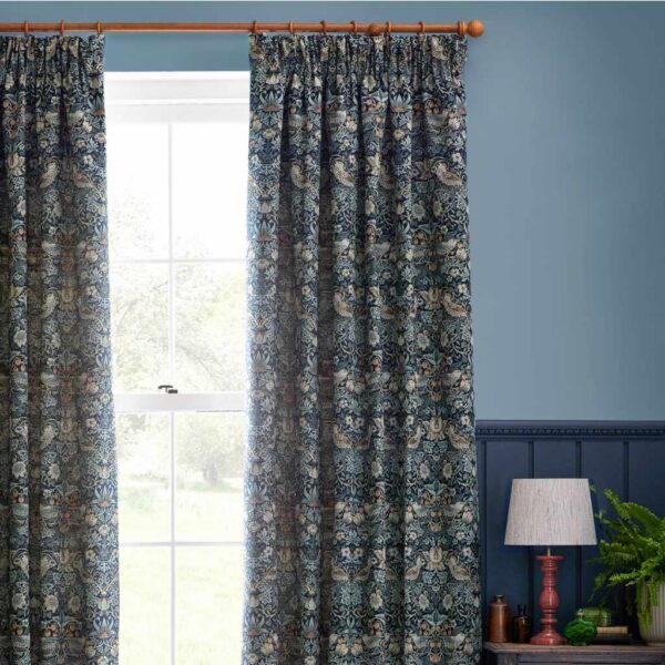 Morris & Co Strawberry Thief Indigo Jacquard Pencil Pleat Curtains Header Image