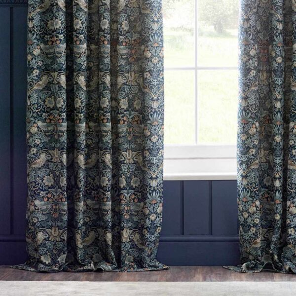 Morris & Co Strawberry Thief Indigo Jacquard Pencil Pleat Curtains Lifestyle Image