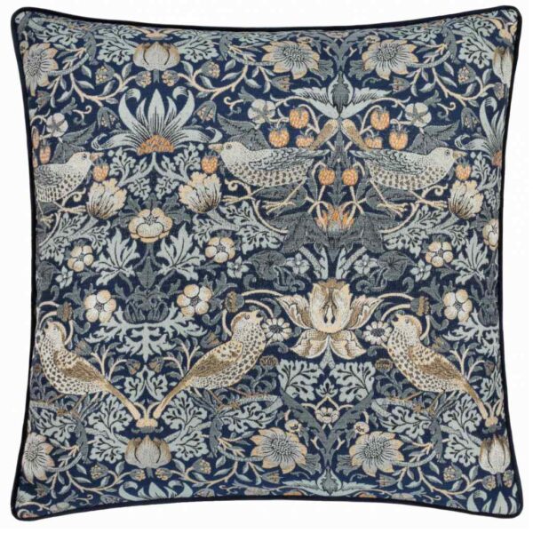 Morris & Co Strawberry Thief Indigo Piped Jacquard Cushion Main Image