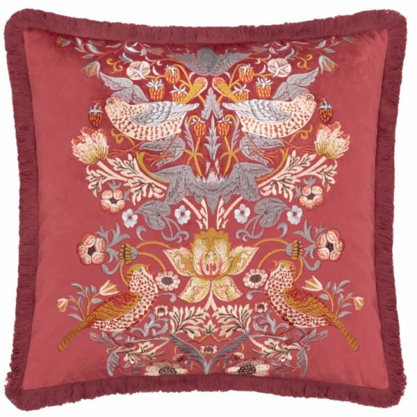 Morris Strawberry Thief Embroidered Fringe Trim Cushion Berry Main Image