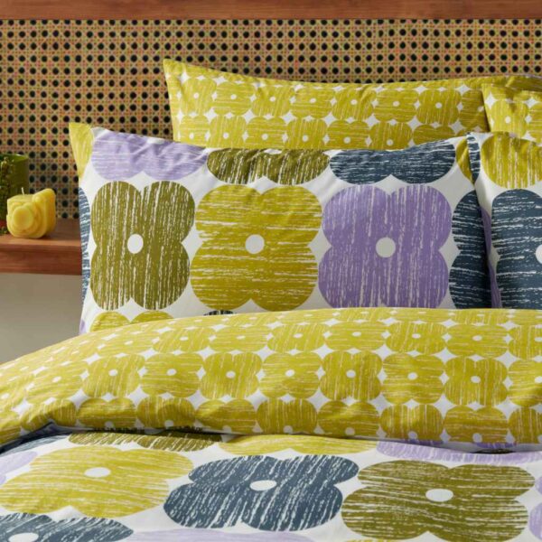 Orla Kiely Textured Flower Lilac Moss Duvet Cover Set Close Up Image