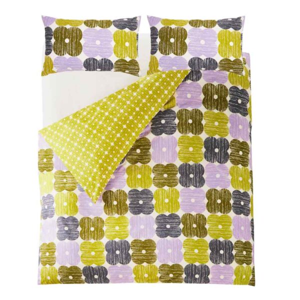 Orla Kiely Textured Flower Lilac Moss Duvet Cover Set Overhead Image