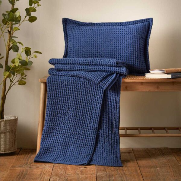 Pineapple Elephant Jaipur Waffle Throw & Cushion Navy Lifestyle Image
