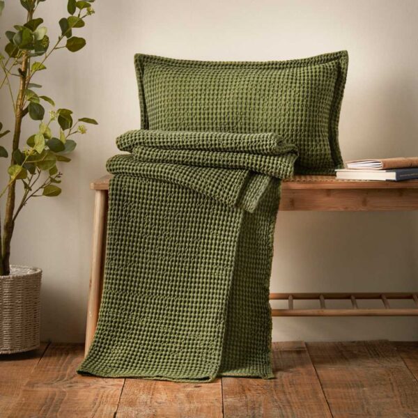 Pineapple Elephant Jaipur Waffle Throw & Cushion Olive Lifestyle Image