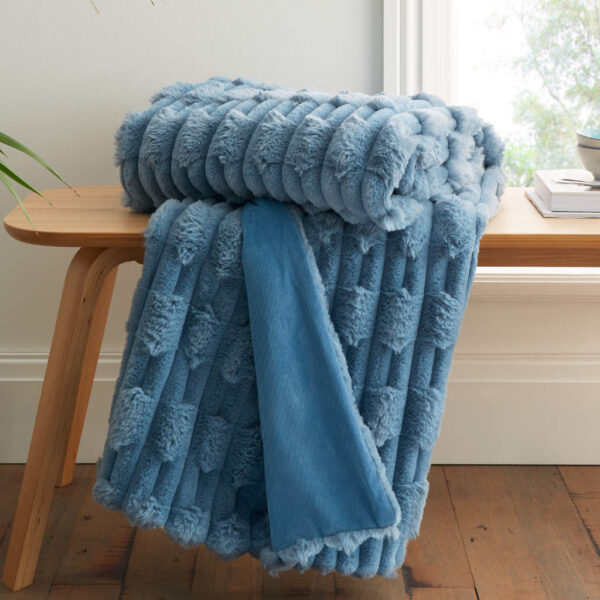 Bianca Carved Faux Fur Blanket Throw Blue Image
