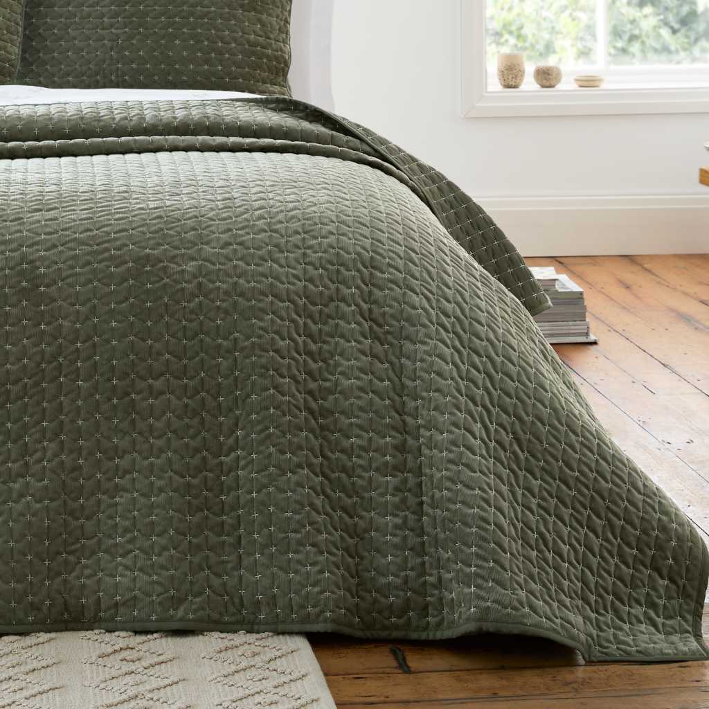 Bianca Attica Velvet Bedspread Green Main Image