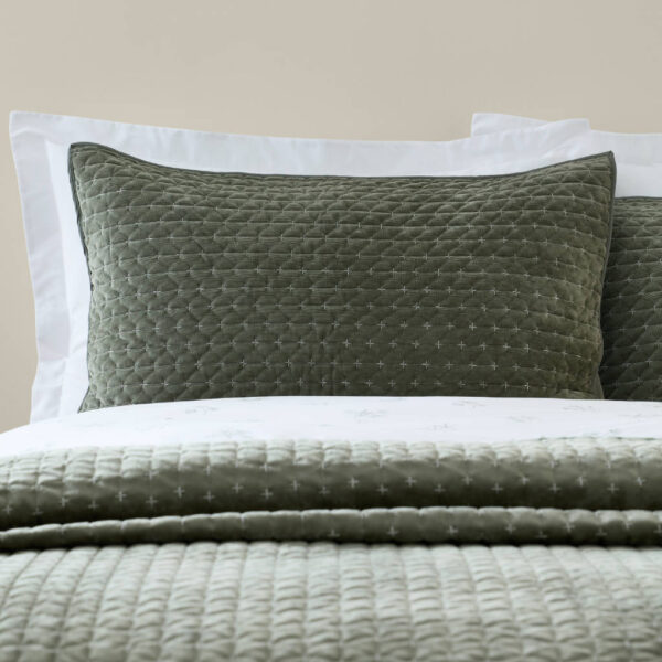 Bianca Attica Velvet Bedspread & Pillowsham Green Close Up Image