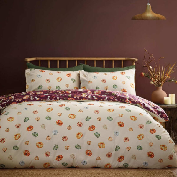Catherine Lansfield Autumn Pumpkins Plum Duvet Cover Set Reverse Image