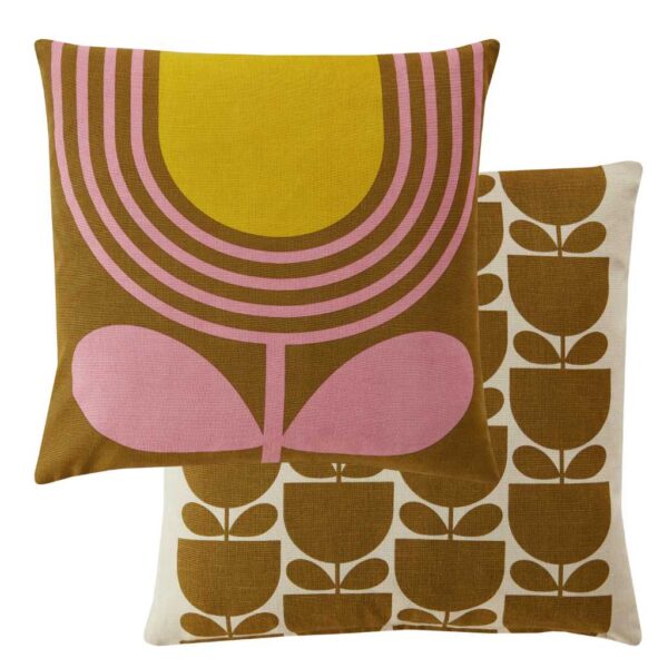 Orla Kiely Striped Tulip Pink and Ochre Cushion showing face and reverse