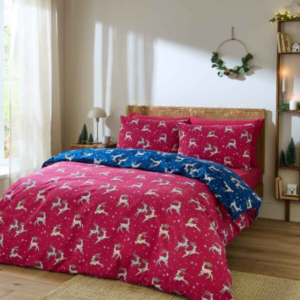 Their Nibs Christmas Reindeer Blue Festive Duvet Cover Set Reverse Image