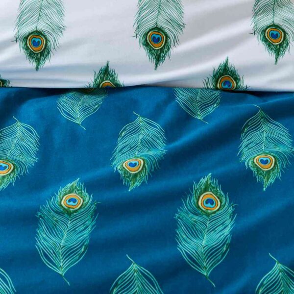 Their Nibs Peacock Feather Teal Green Duvet Cover Set Close Up Image Showing Pattern