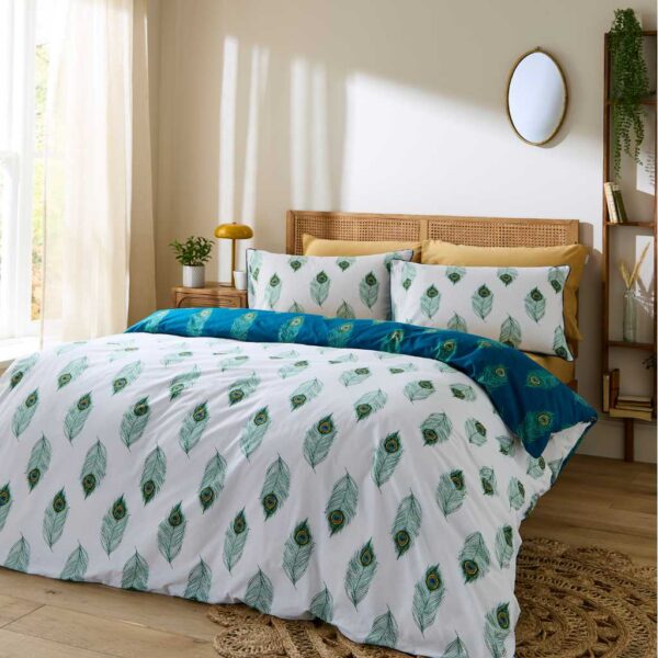 Their Nibs Peacock Feather Teal Green Duvet Cover Set Reverse Image