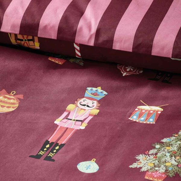 Christmas Nutcracker Stripe Plum Duvet Cover Set Close Up Image