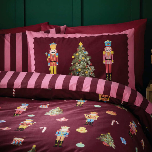 Christmas Nutcracker Stripe Plum Duvet Cover Set Showing Pillowcases