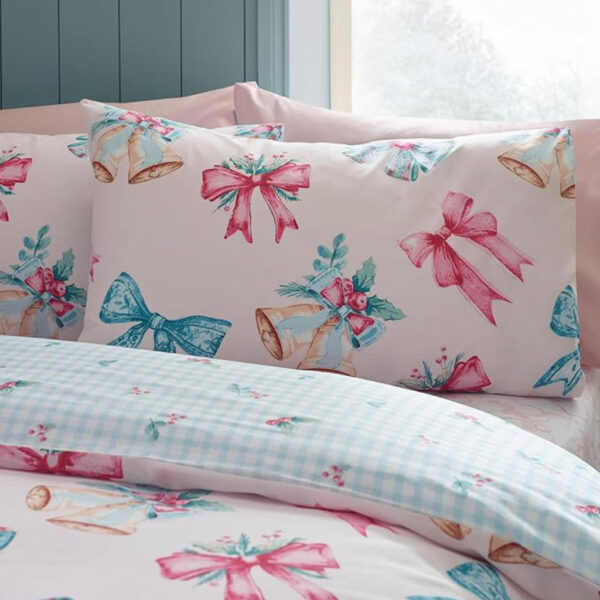 Christmas PInk Bedding Bows And Bells Lansfield Pillowcase Image