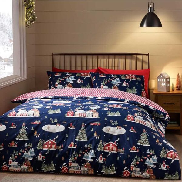 Christmas Ski Village Bedding In Blue Lansfield Main Image