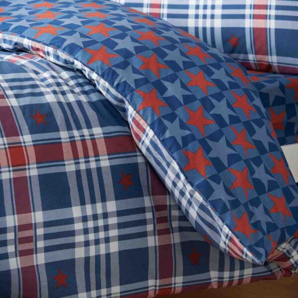 Catherine Lansfield Stars and Check Blue Duvet Cover Set Close Up Image