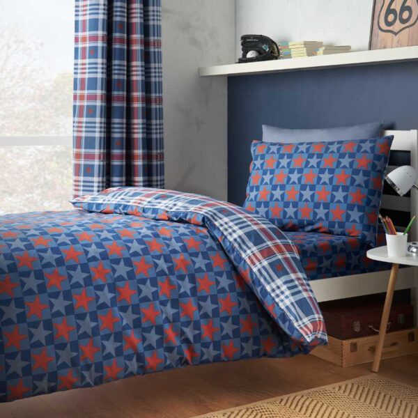 Catherine Lansfield Stars and Check Blue Duvet Cover Set Reverse Image