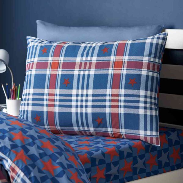 Catherine Lansfield Stars and Check Blue Pillowcases