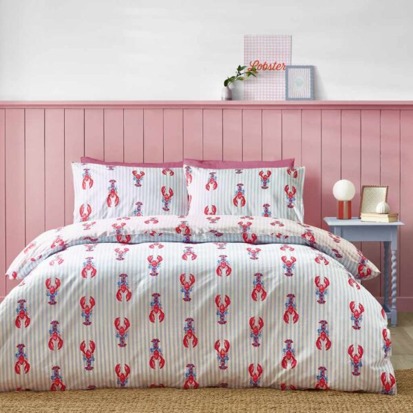 Sassy B Lobster Stripe Pink and Blue Duvet Cover Set Reverse Image