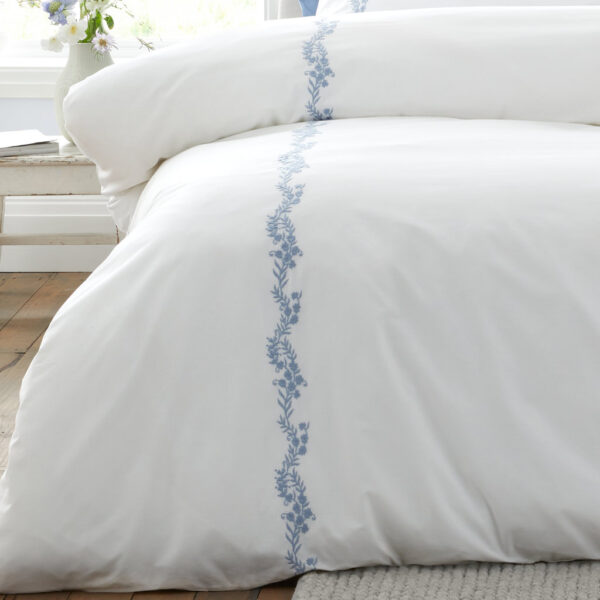 Bianca Embroidered Floral Bedding Camille White Blue Close Up