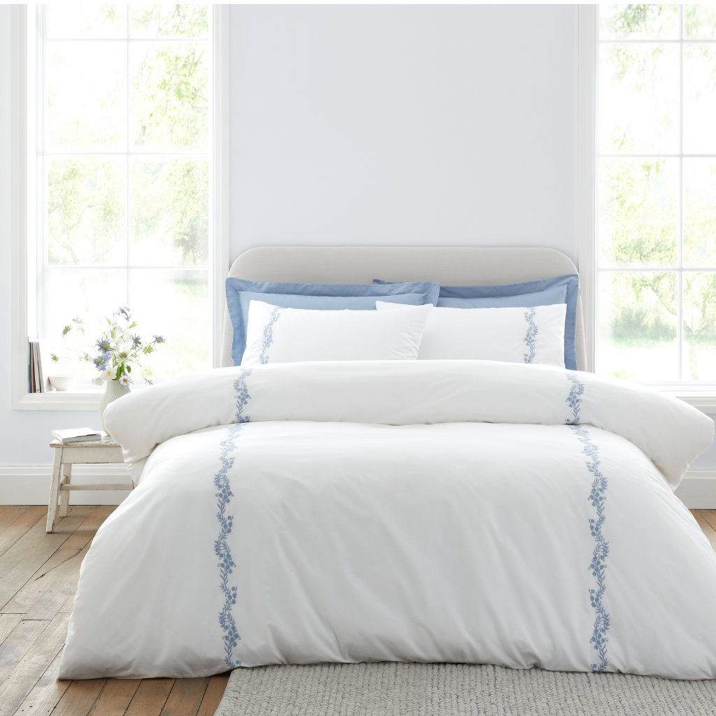 Bianca Embroidered Floral Bedding Camille White Blue Main Image