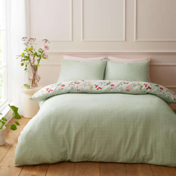 RHS Birds in Bloom Green Duvet Cover Set Reverse Image