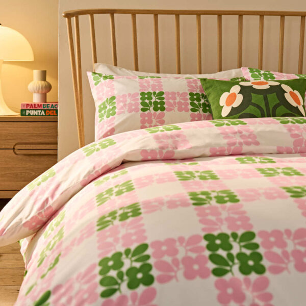 Orla Kiely Floret Check Dill Pink Duvet Cover Set Close Up Showing Pillowcases